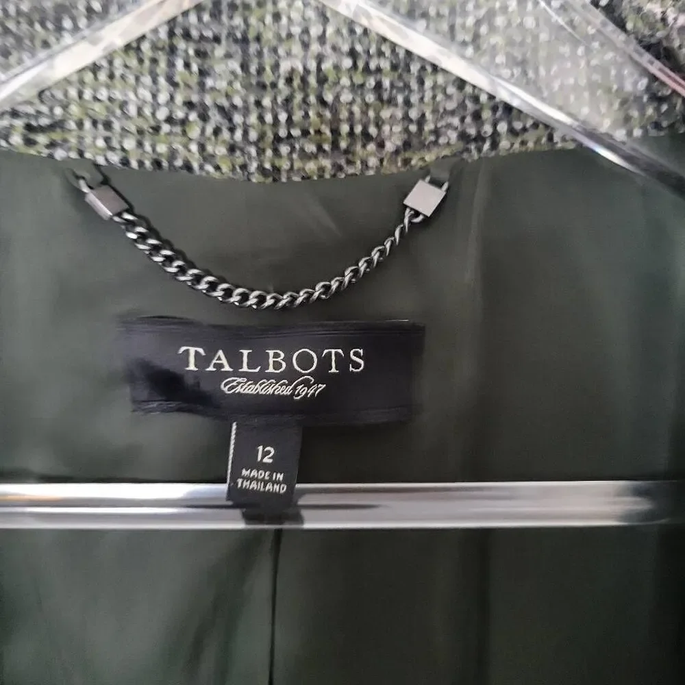 Talbots Double Breasted Wool Blend Lined Green Black Career Jacket Blazer 12